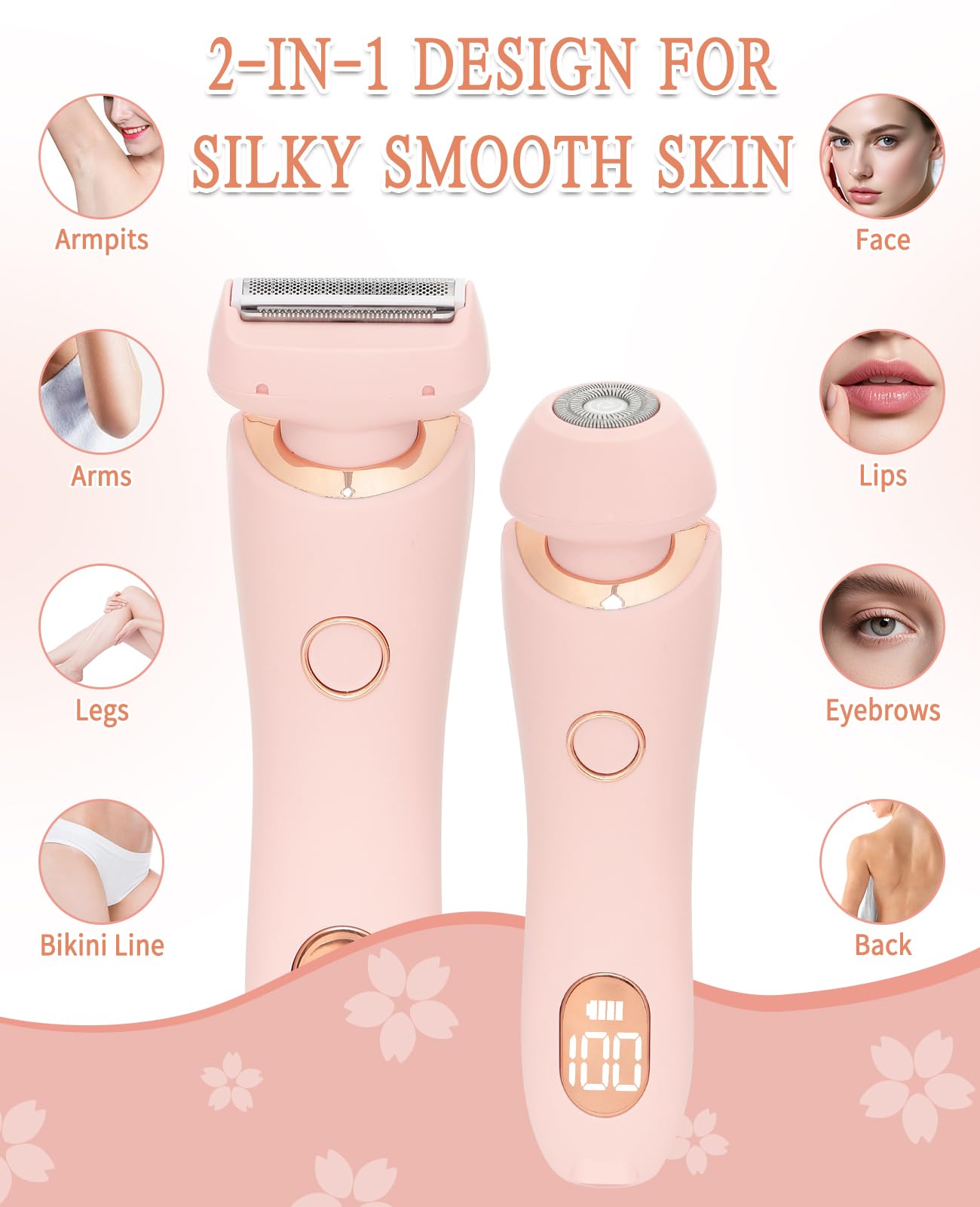 Bikini Trimmer for Women – Dual Head, IPX7 Waterproof & Painless Electric Razor for Pubic Hair, Face, Legs, Underarms – Portable Cordless Shaver with Fast Charging, Self Care Gift (Pink)