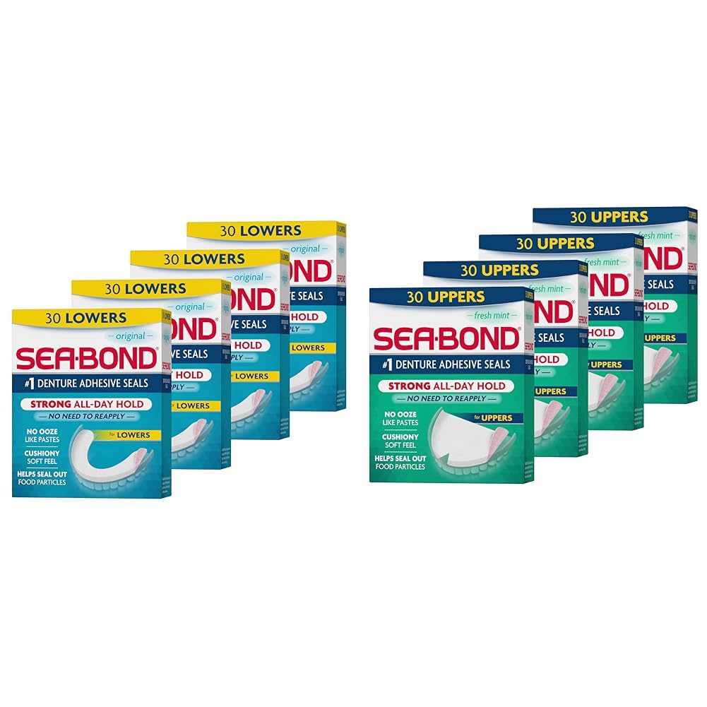 Sea Bond Secure Denture Adhesive Seals, Original Lowers, Zinc-Free, All-Day-Hold, Mess-Free, 30 Count (Pack of 4) & Secure Denture Adhesive Seals, Fresh Mint Uppers