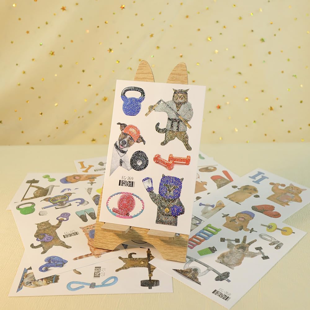 Oottati 12 Sheets Waterproof Temporary Tattoos Stickers Small Cute Animal Loves To Gym Cat Dog Mouse Keep Fit Boxing Jumping Weightlifting Dumbbell Kettlebell Rope Suit For Kids And Adults
