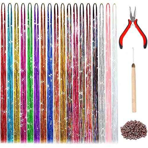 FEBSNOW 47 Inches Tinsel Hair Extension with Tool 3600 Strands 18 Mixed Colors Hair Extension Tinsel Kit Glitter Hair Extensions for Women Girls Hair Accessories for Christmas New Year Cosplay Party