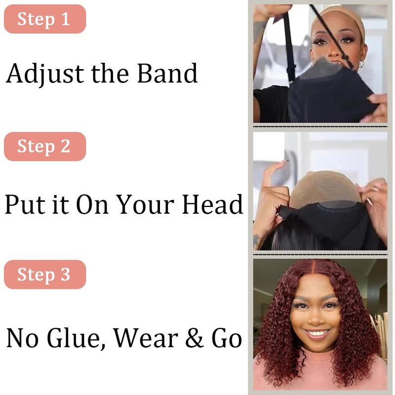 Pinketer Burgundy Glueless Wigs Human Hair Pre Plucked Pre Cut 4x4 Lace Closure Wear and Go Deep Wave Bob Wig 180% Density 99J Curly Human Hair Wigs for Black Women (Burgundy Wig, 10in)