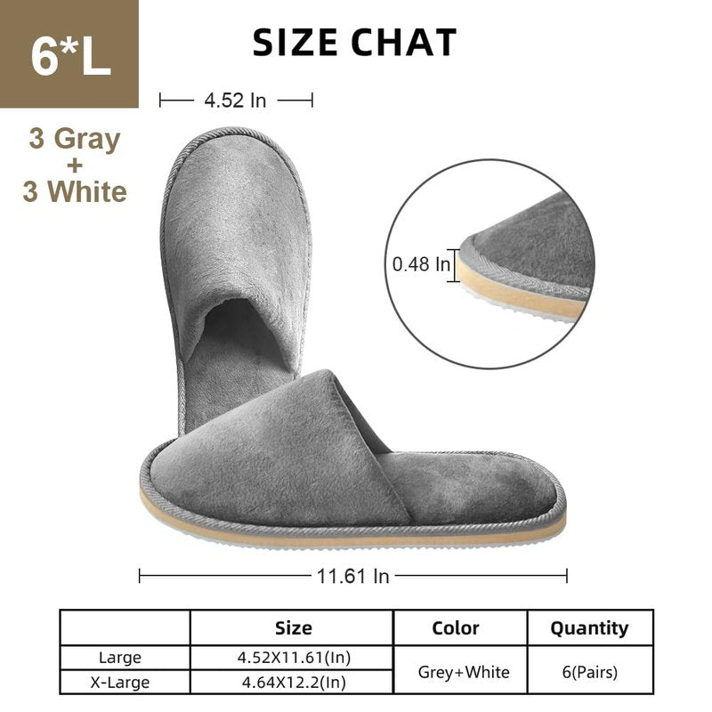GONG GONG Non Slip Disposable Slippers, 6-12 Pairs, Washable, Reusable, Closed Toe, Crystal Velvet (Grey+White 6Pairs, Adult, Men, Large, Alpha, US Footwear Size System, Medium)