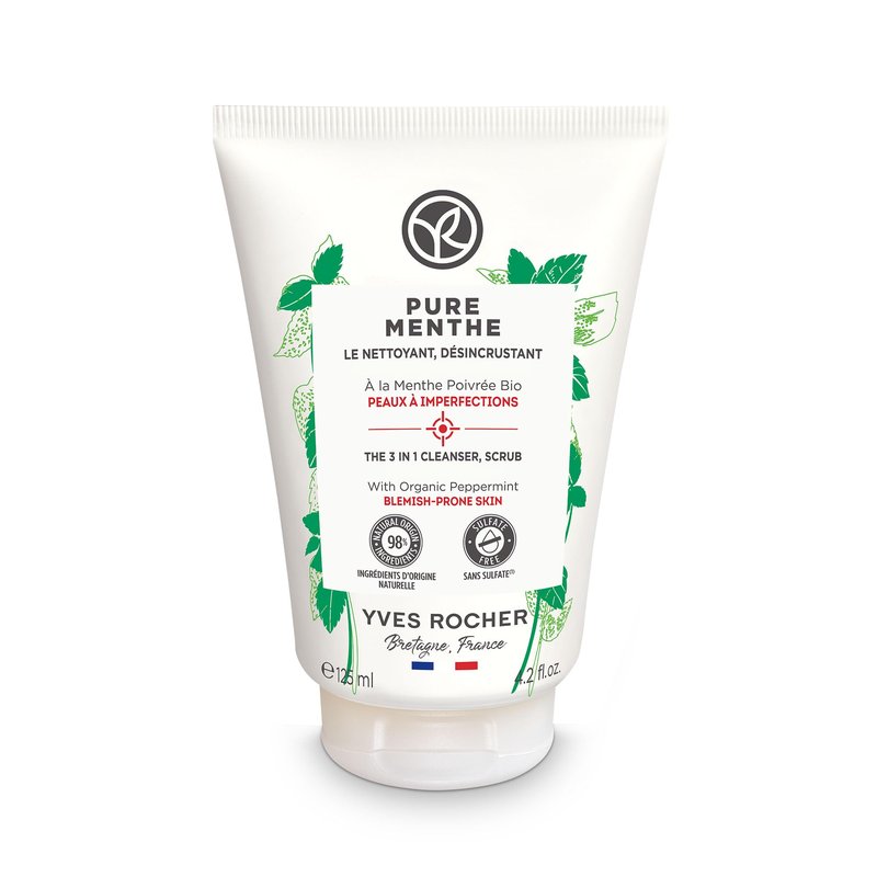 Yves Rocher The 3 in 1 Cleanser, Scrub & Blackheads – Pure Menthe | Face Cleanser to Unclog & Purify Pores | 4.2 fl oz