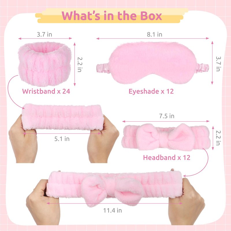 Lnrueg 48Pcs SPA Kit-12Pcs Spa Headband Bow + 24 Wrist Washband + 12 Sleep Eye Masks, Pink Party Supplies for Girls Women Birthday Sleepover Party Favors