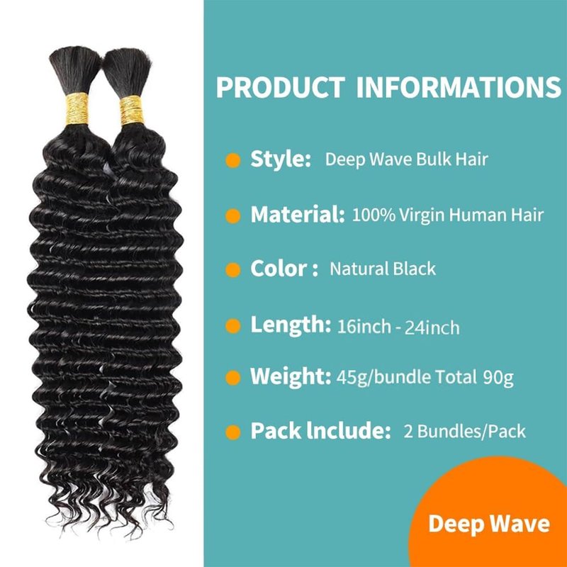 Deep Wave Human Braiding Hair for Boho Braids 16 Inch Boho Human Braiding Hair Curly No Weft 90g 2 Bundles 10A Brazilian Virgin Curly Hair Extension Wet and Wavy Natural Black