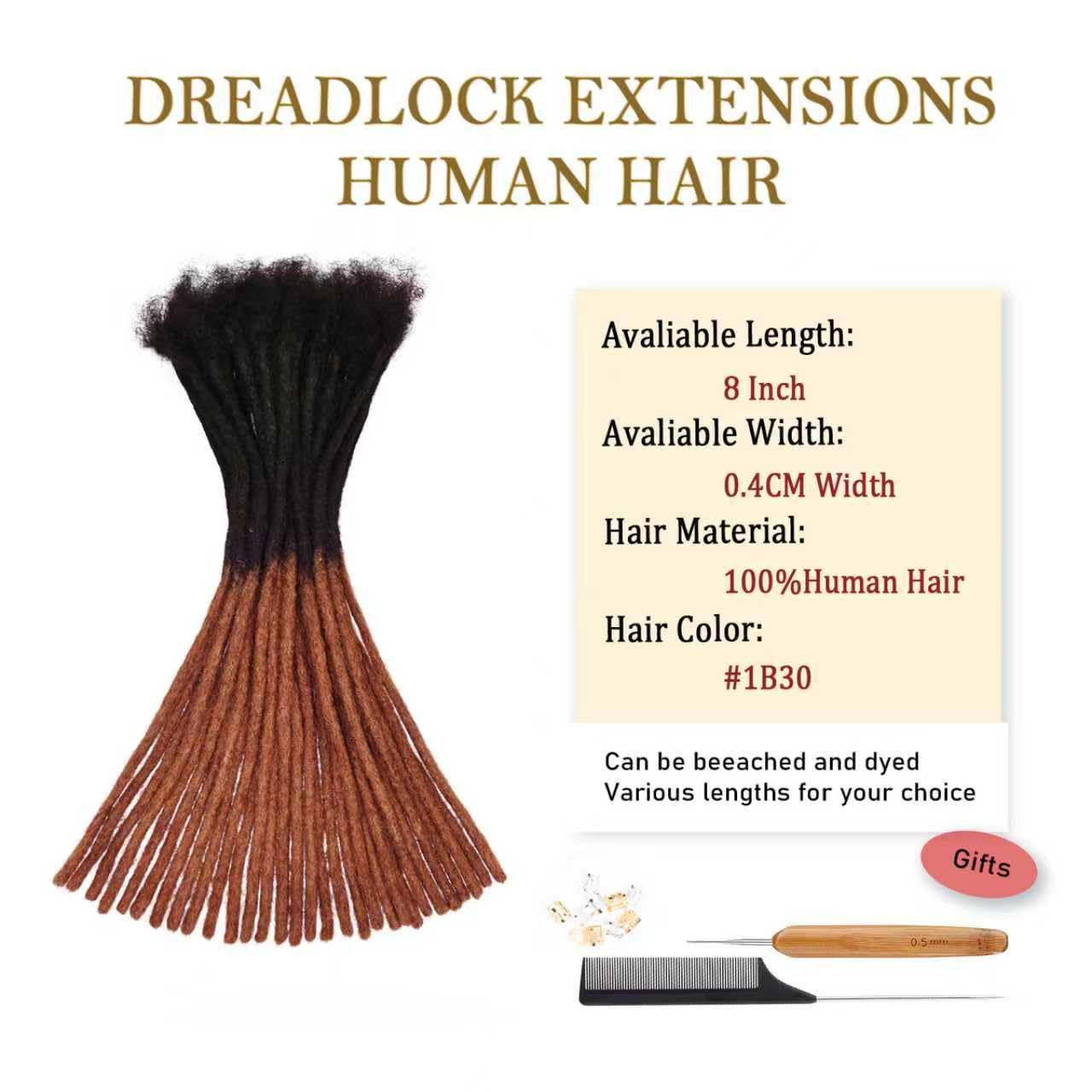 8 Inch Loc Extension Human Hair 30 Strands 0.4cm Thickness 100% Human Hair Full Handmade Permanent Dreadlock Extension Human Hair For Women/Men Can Be Dyed Bleached Curled (#BUG)