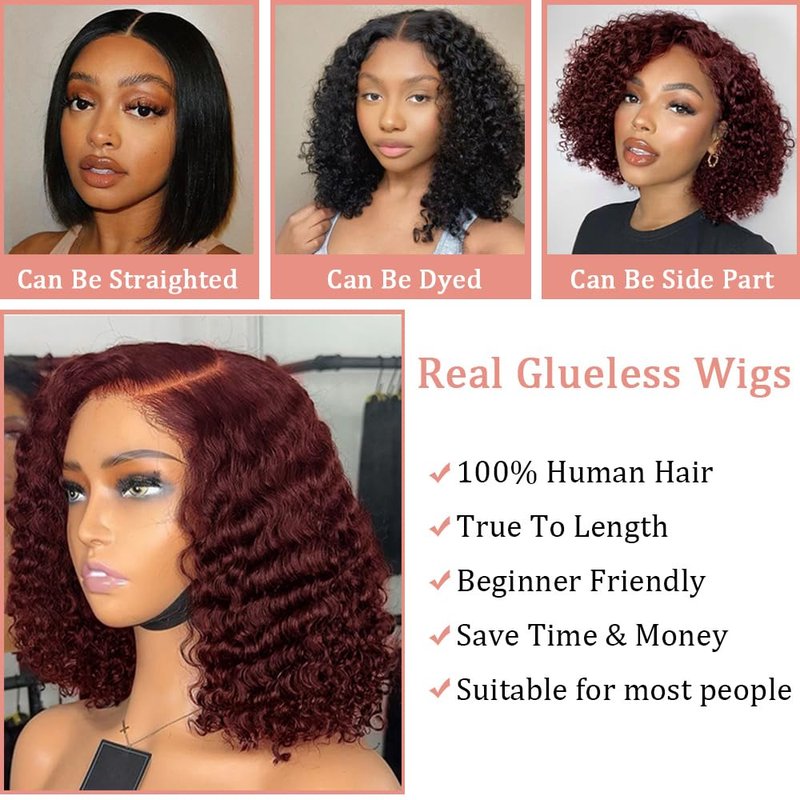 Pinketer Burgundy Glueless Wigs Human Hair Pre Plucked Pre Cut 4x4 Lace Closure Wear and Go Deep Wave Bob Wig 180% Density 99J Curly Human Hair Wigs for Black Women (Burgundy Wig, 10in)