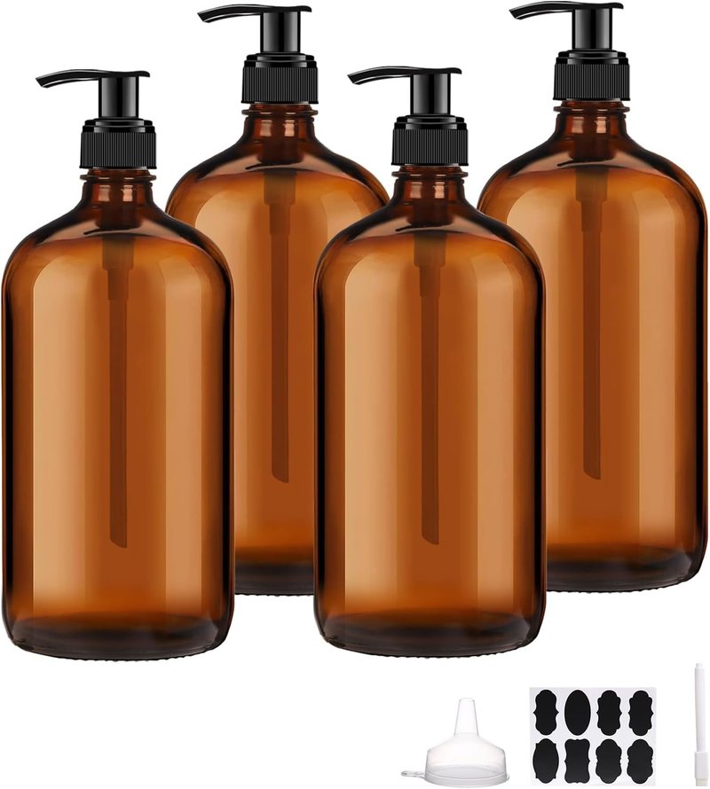Amber Glass Pump Bottles - 32 oz Dispenser for Shampoo, Lotion & Oils | 4 Pack