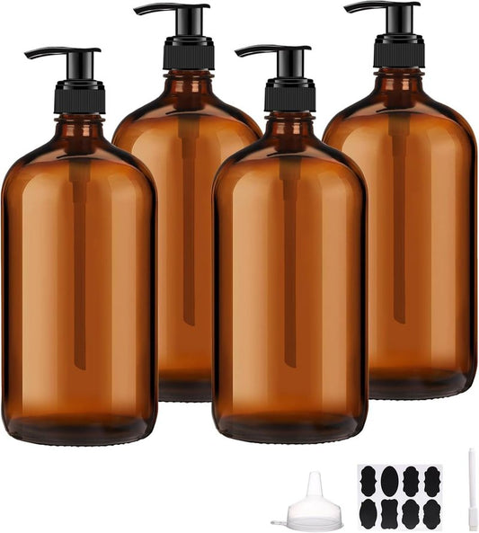 Amber Glass Pump Bottles - 32 oz Dispenser for Shampoo, Lotion & Oils | 4 Pack