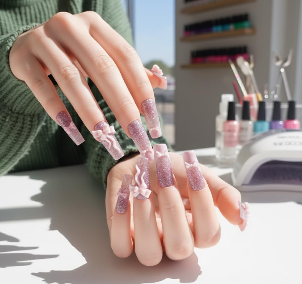 Handmade Square Press on Nails Long,Shimmery Light Pink Purple French Tip,3d Bow design,XS