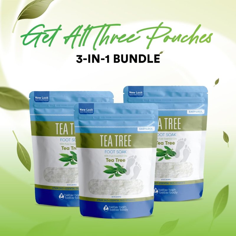 Tea Tree Foot Soak (3-Pack) Epsom Salt with Natural Tea Tree, Lavender and Eucalyptus Essential Oils Plus Vitamin C in BPA Free Pouch 6-Lbs Total