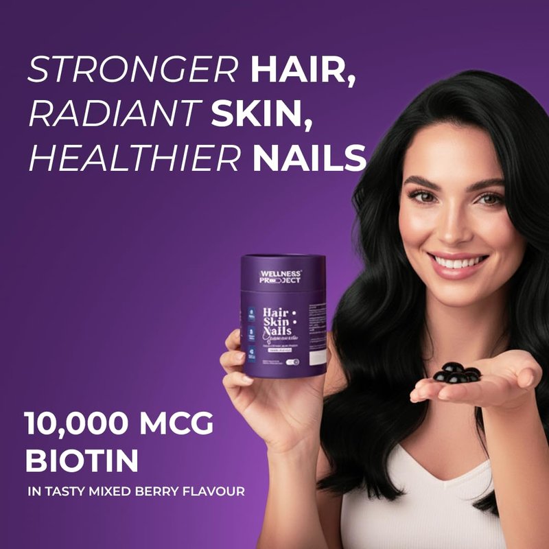 The Wellness Project 14-in-1 Hair, Skin & Nails Gummies with 10,000 mcg Biotin, Keratin, Hyaluronic & Folic Acid, Vitamins A, B5, B6 & B12 & Sea Buckthorn | for Women & Men | Tasty Mixed Berry Flavor