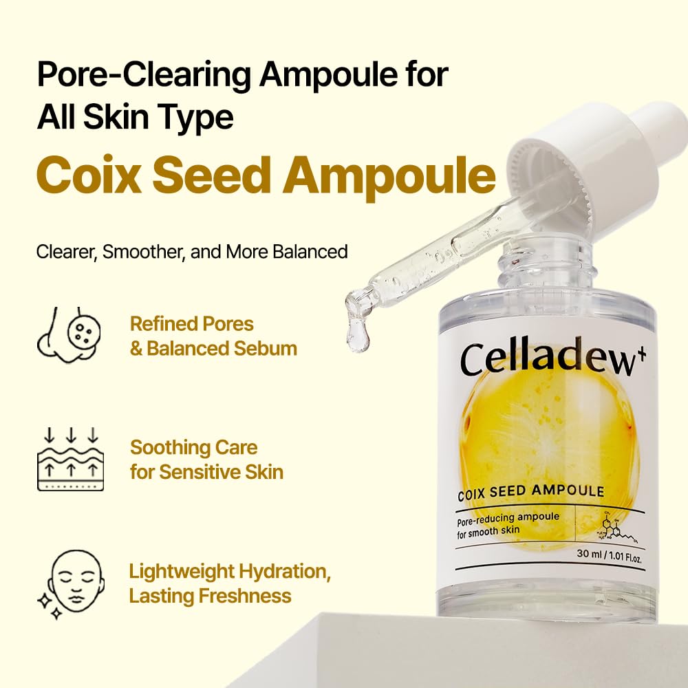 CELLADEW Coix Seed Ampoule, Facial Serum,Hyaluronic Acid, Niacinamide,Soluble Collagen, Spot Care, Natural Color, Korean Skincare(30ml/1.01 fl oz.)
