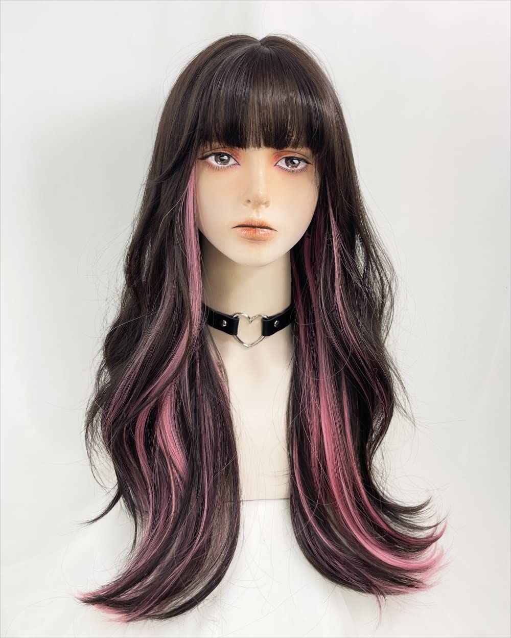 WKLOUYHE Long Wavy Wig for Women Synthetic Curly Wig with Bangs Fibre Cosplay Wig for Girls Daily Use Colorful Wigs (Black+Brown+Pink)
