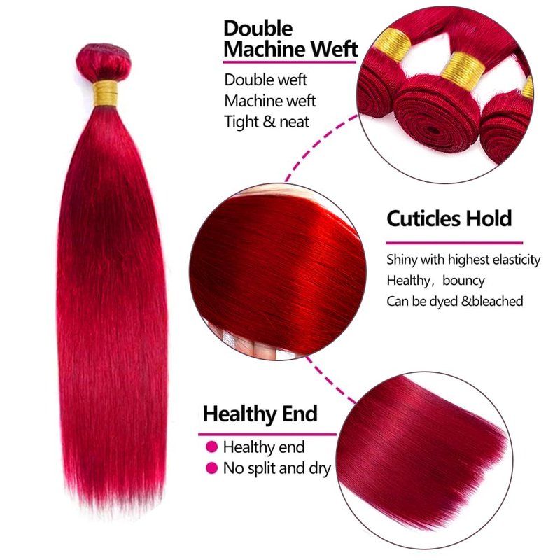 Human Hair Extensions - Burgundy Straight Bundles | 20-Inch Unprocessed Brazilian Virgin Hair, 3-Pack