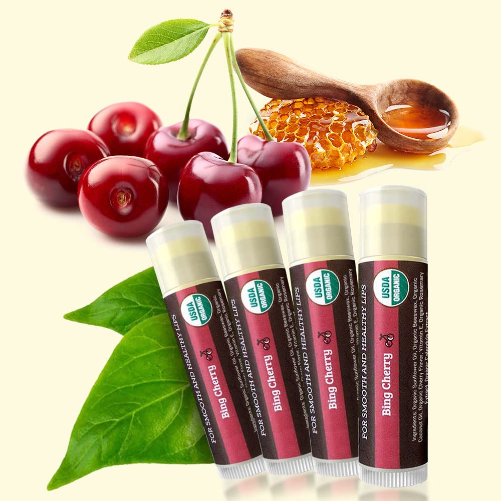 Earth's Daughter USDA Organic Cherry Lip Balm 4-Pack- Cherry Flavor - Beeswax, Coconut Oil, Vitamin E - Best Lip Repair Chapstick for Dry Cracked Lips.