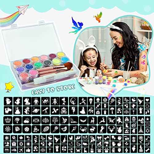 Temporary Glitter Tattoo Kids, Eleanore's Diary 31 Glitter Colors,165 Unique Stencils,2 Glue,4 Brushes,Adults & Kids Arts Glitter Make Up Kit, Gifts for Girls Boys Birthday Party Summer Festival