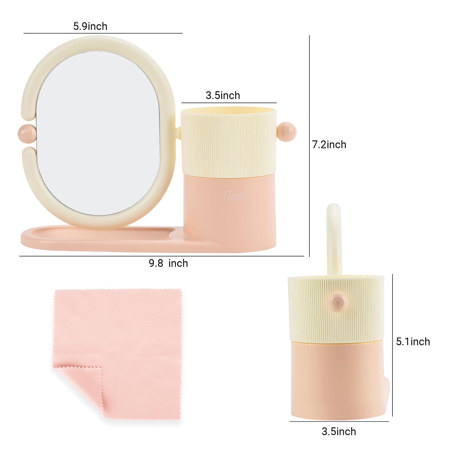 Umbrotiger Desk Organizer with Magnifying HD Rotating Glass Mirror 360° Adjustable Dual-Purpose Makeup Brush Holder Pen Caddy, Pink & White ABS Storage for Office & Vanity Accessories+Free Lens Cloth