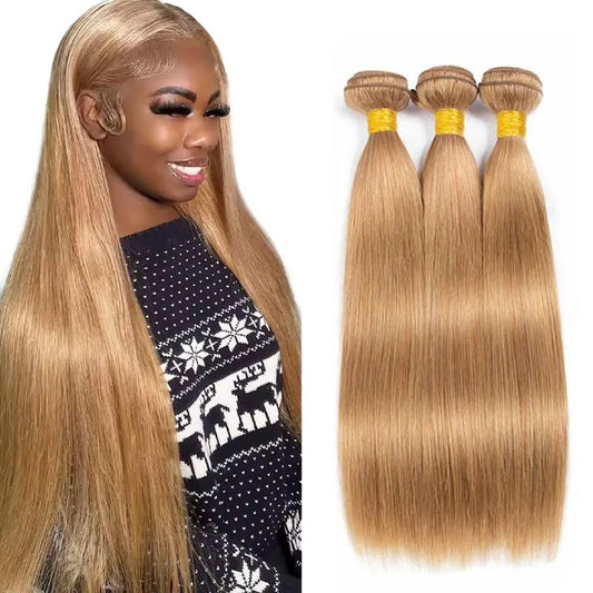 Color #27 Bundle Honey Blonde Straight Human Hair Bundles Color #27 Straight Bundles Honey Blonde Bundle Human Hair Weave 14 14 14 Inch 300G