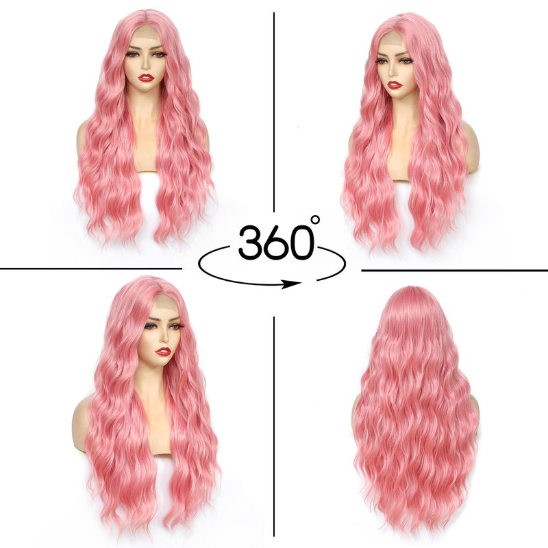 Angzon Light Pink Wig 26 Inch Long Wavy Wig for Women - Heat Resistant Synthetic Hair Middle Part Curly Wig Natural Look for Daily Party Cosplay Costume Use