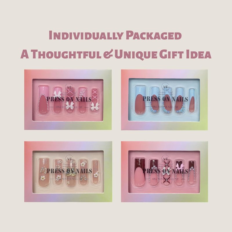 Extra Long Square Press-On Nails - 4 Box Set with 3D Designs | Stylish False Nail Tips for Women | Perfect Gift Idea