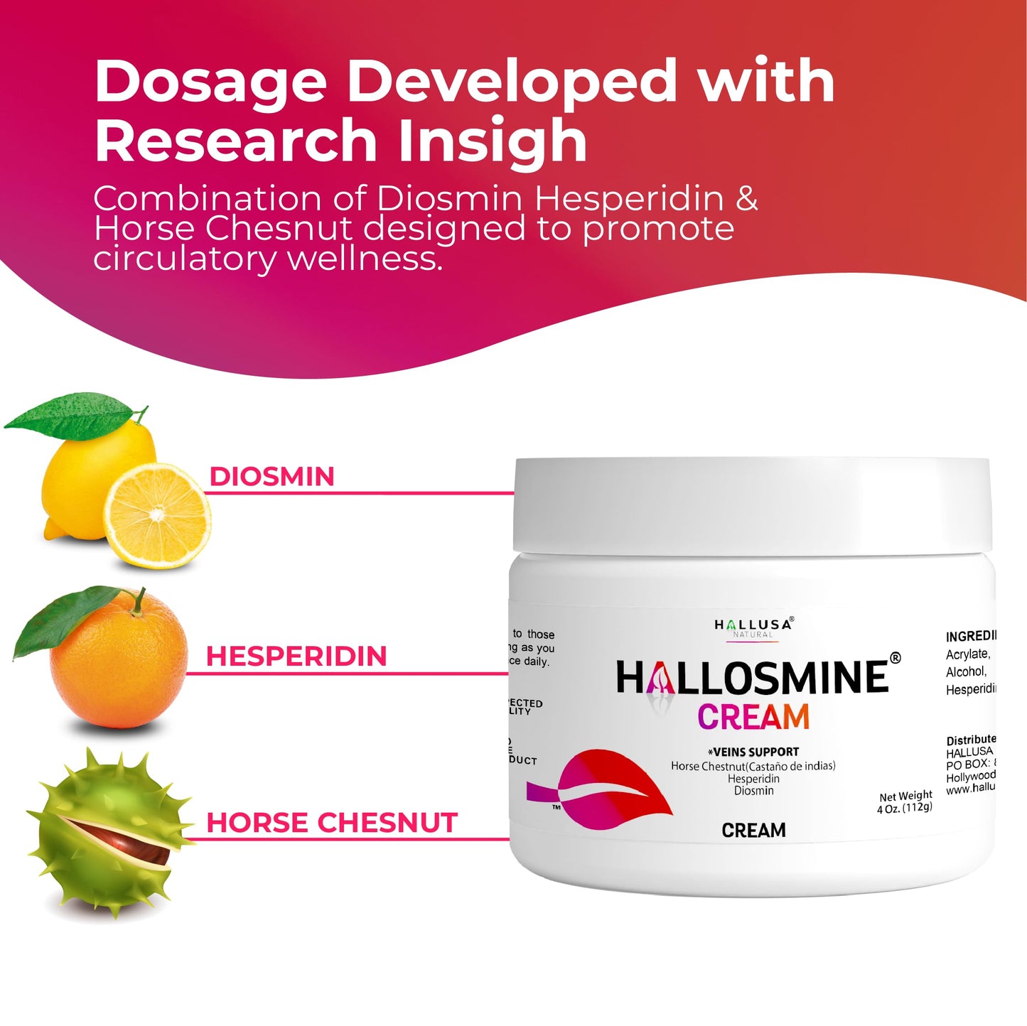 Hallusa Natural Hallosmine Leg Cream with Diosmin, Hesperidin, Horse Chestnut, Menthol & Aloe Vera | Daily Leg Comfort for Visible Veins, Swollen Feet, Ankles and Legs, 4oz (112g)