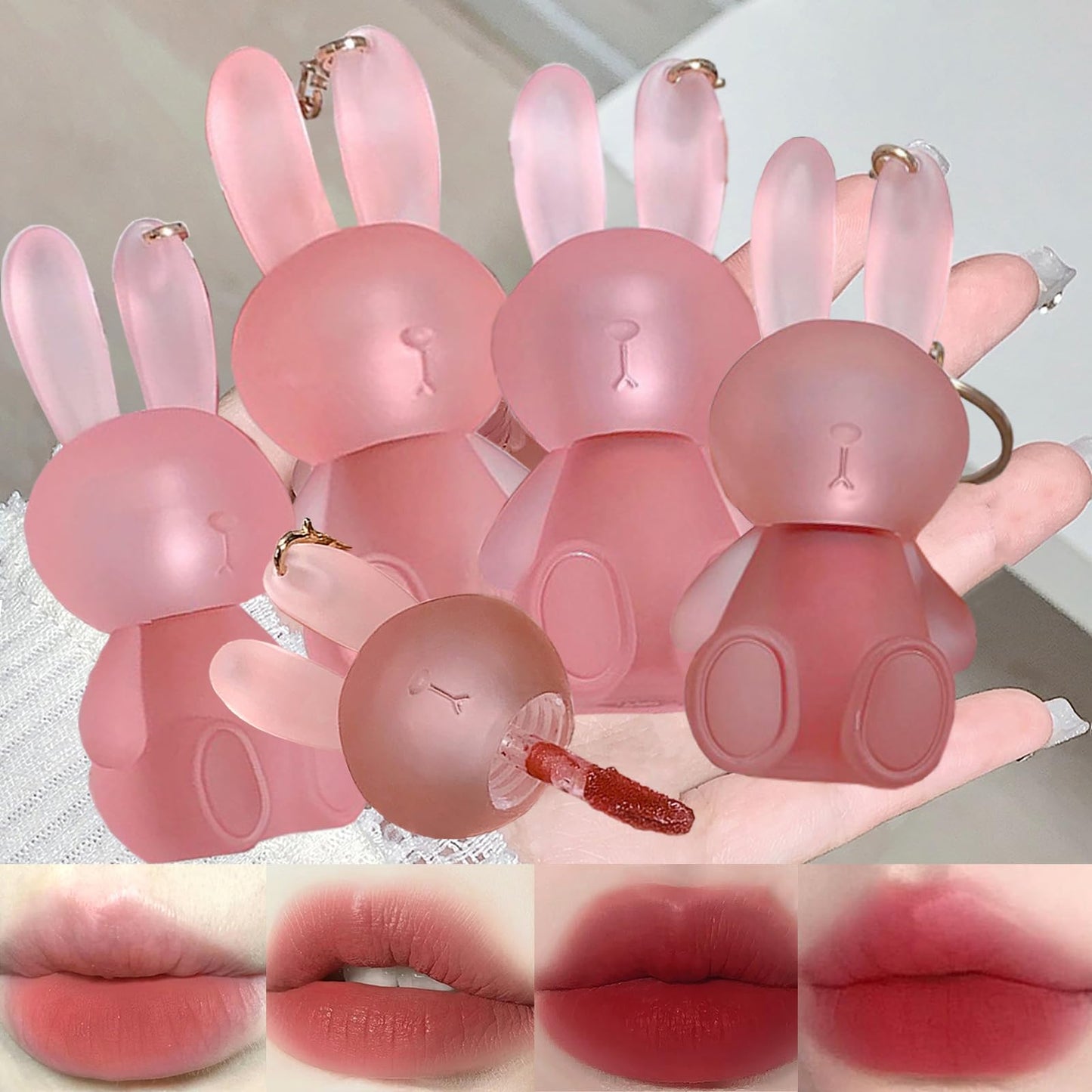 LuckNest 4 Colors Velvet Matte Liquid Lipstick set, Cute Rabbit Lip Glaze 2 in 1 Key Chain Lip Gloss Lip Stain, Waterproof Non-Stick Cup Long Lasting Lip Clay Cute Lip Makeup for Girls