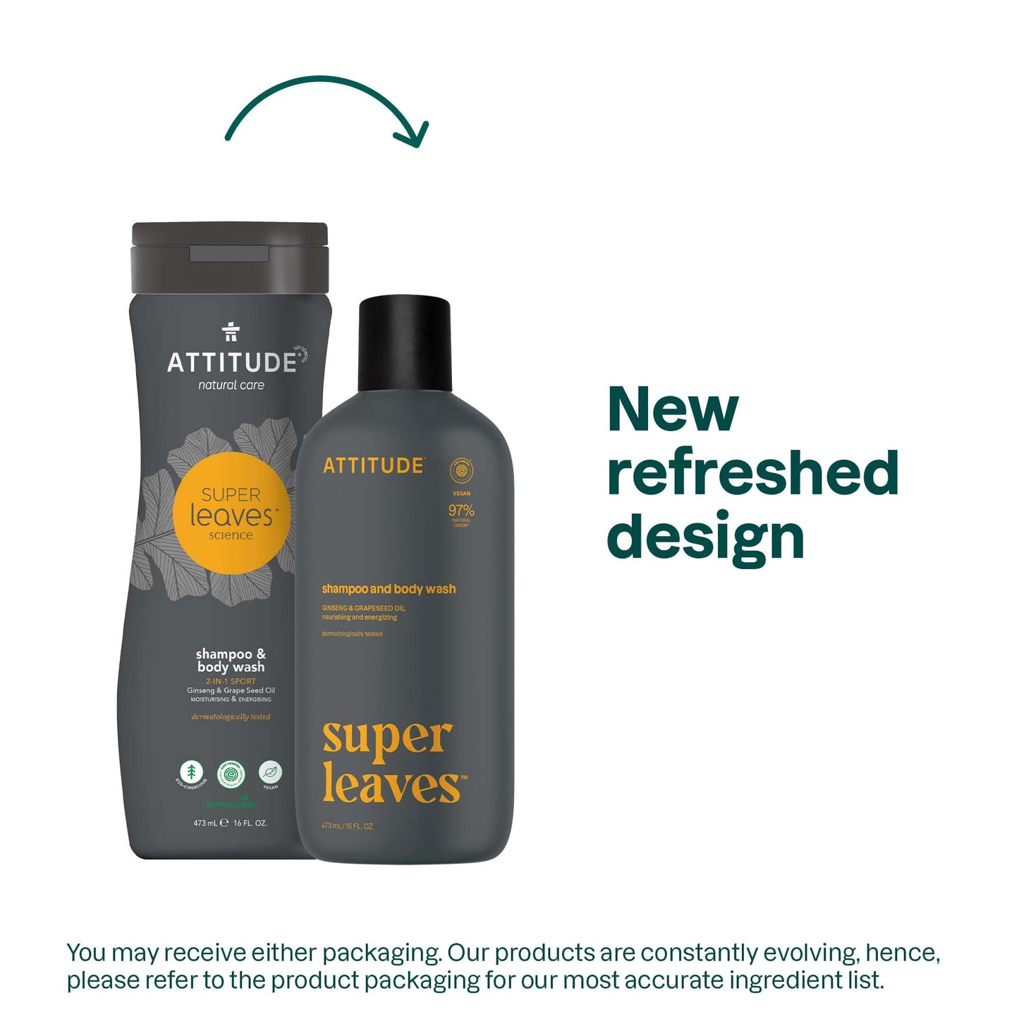 ATTITUDE 2-in-1 Body Wash & Shampoo for Men & Women, EWG Verified, Vegan, Natural Ingredients, Dermatologist-Tested, Ginseng and Grapeseed Oil, 16 Fl Oz