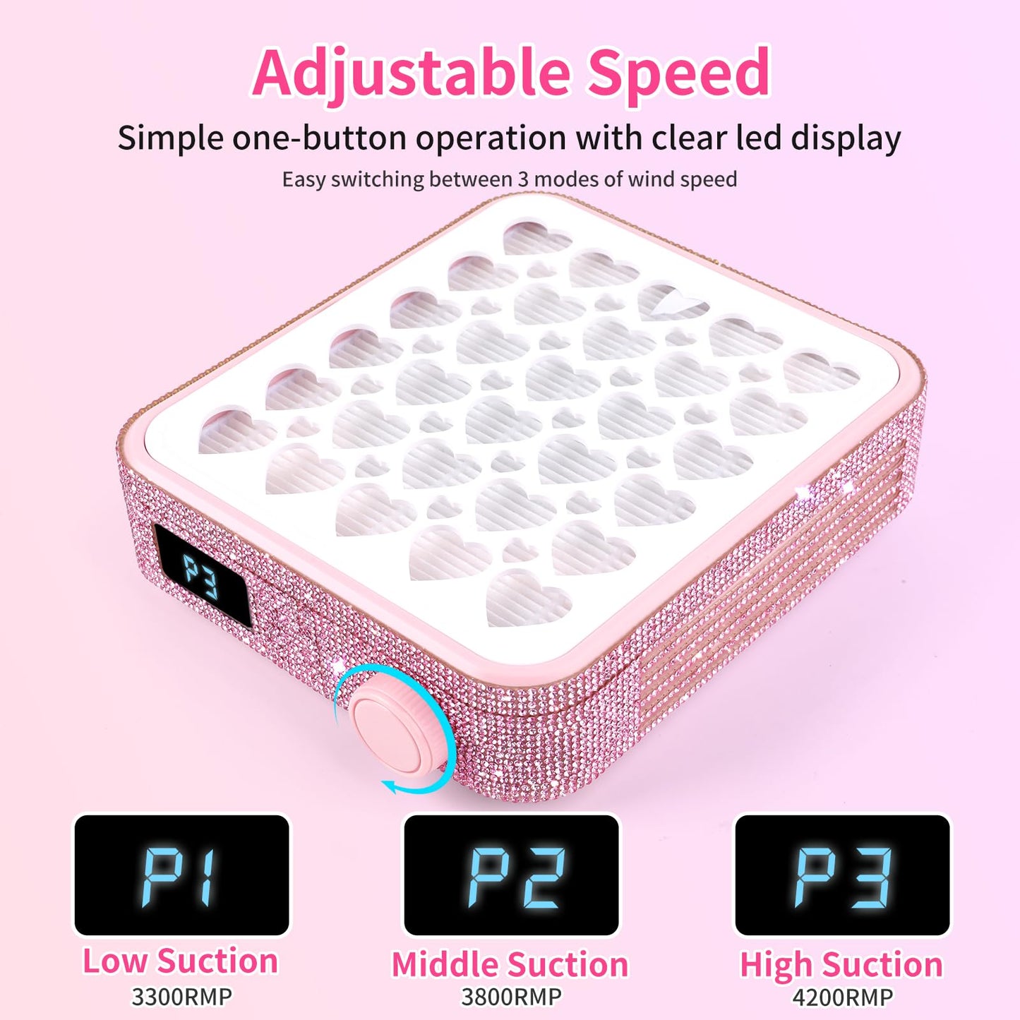 BQAN Portable Nail Dust Collector with 4200RPM Fan Pink Rhinestones