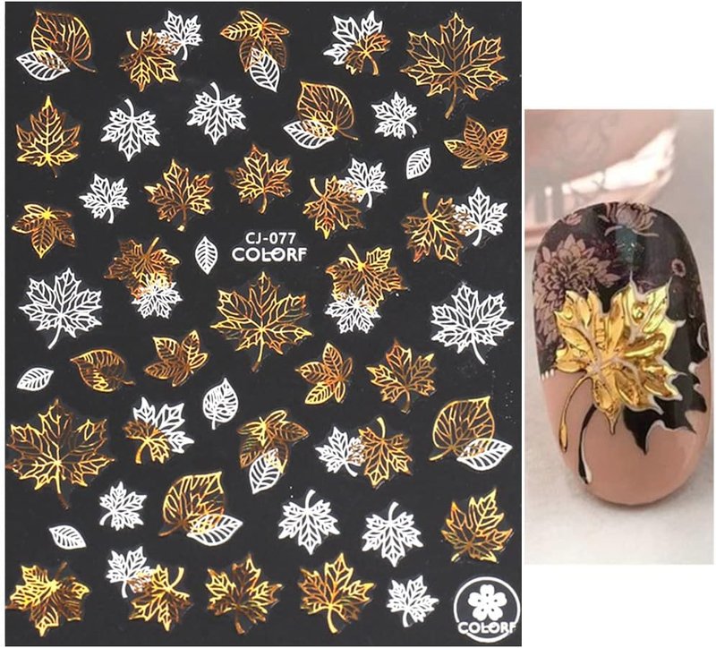 Autumn Leaves Nail Decals - 3D Self-Adhesive Fall Nail Art Stickers | White Laser Gold Maple Leaf Design, 9 Sheets