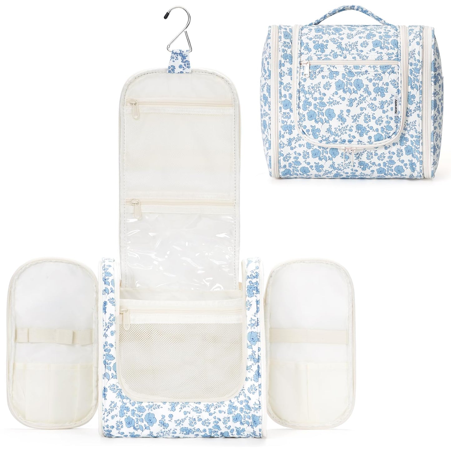 Narwey Large Hanging Toiletry Bag for Women Travel Makeup Bag Make up Organizer Toiletries Bag for Cosmetics Essentials Accessories (Large, Blue Flower)