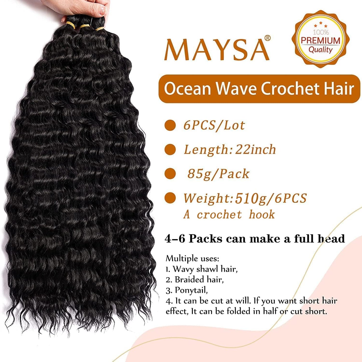 Ocean Wave Crochet Hair Extensions Deep Wave Crochet Hair for Women 22inch 6Packs Synthetic Crochet Hair Curly #1B Natural Black