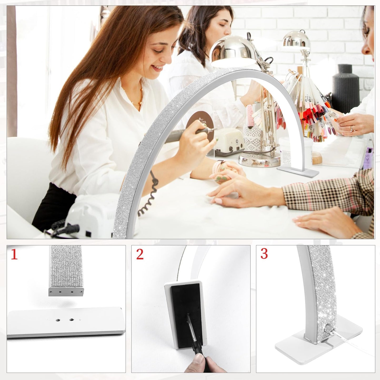 YINGJEE Half Moon Light Nail Lamp for Desk, Lash Light Led Nail Tech Lamp with Adjustable Brightness, Desk Lamp for Lash Eyelash Extension, Tattoo, Skincare, Eyebrows
