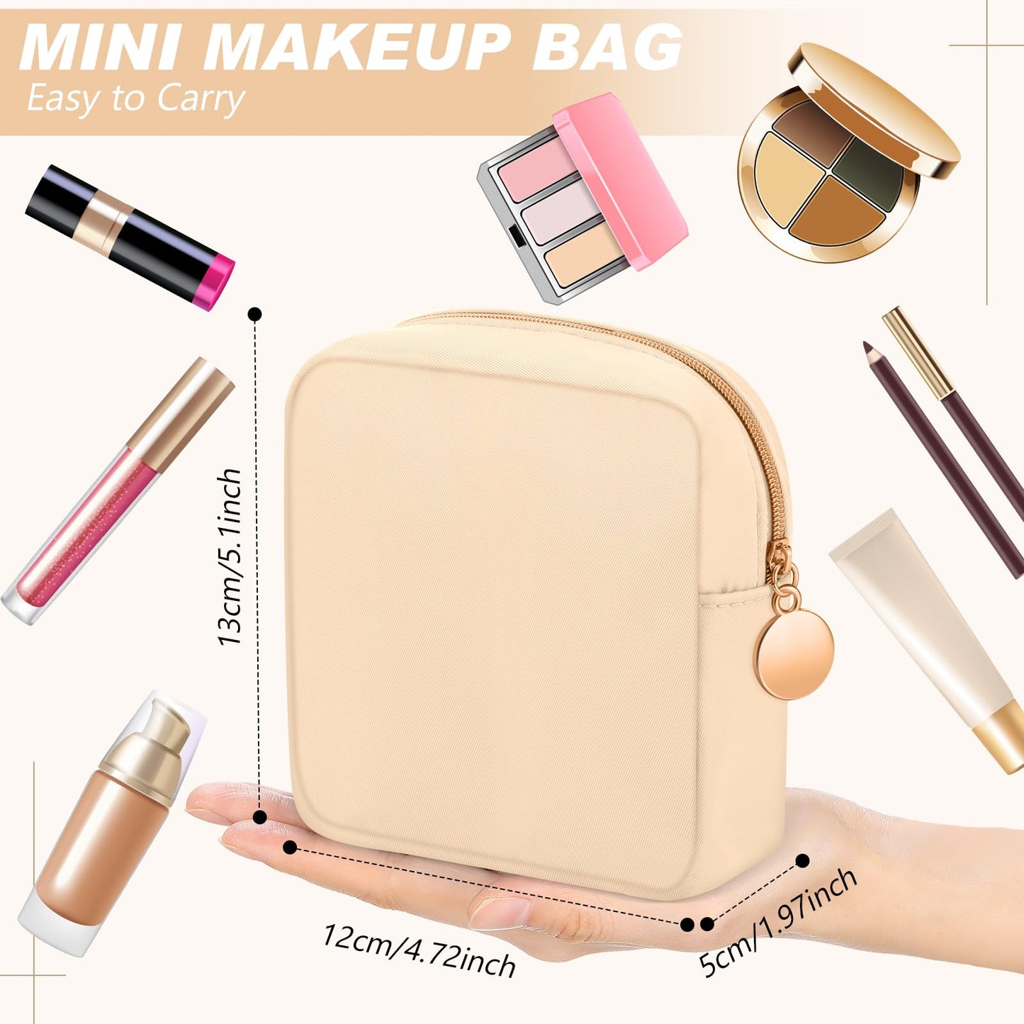 Kacctyen 12 Pcs Mini Makeup Bag Nylon Small Pouch for Purse Mini Square Nylon Pouch with Zipper Small Cosmetic Travel Makeup Bag Purse Organizer for Women(Beige Color,Regular)
