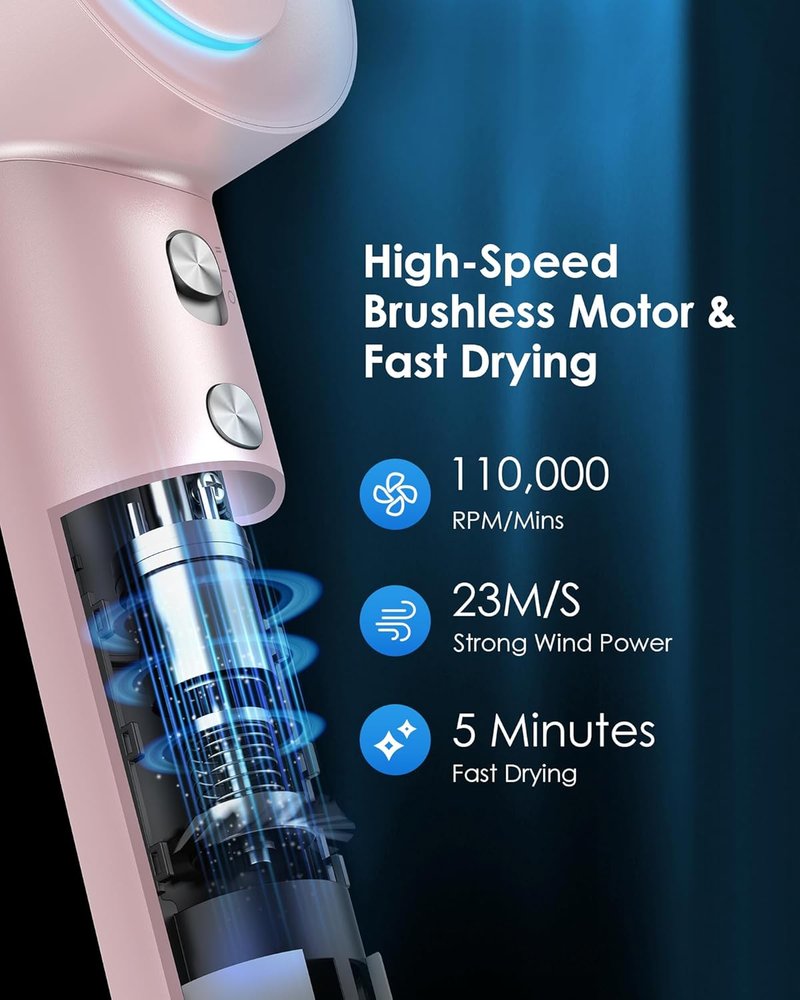 Negative Ion Hair Dryer - High-Speed 110,000 RPM Brushless Motor, 3 Heat Settings | 360° Rotating Nozzle (Pink)