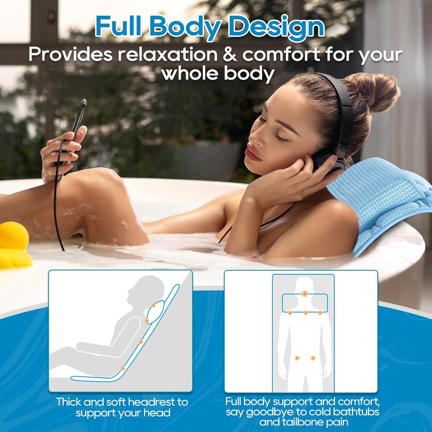 Full Body Bath Pillow - 5D Air Mesh Spa Pillow with 21 Non-Slip Suction Cups | Quick Drying, Blue