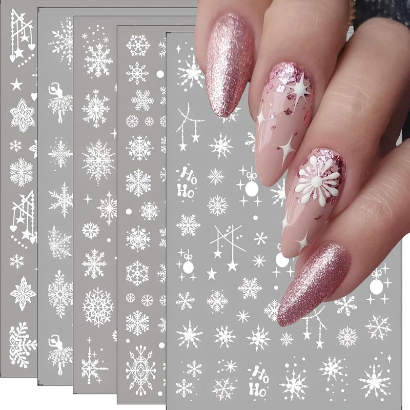 9 Sheets Christmas Snowflake Nail Art Stickers, Winter Romance Nail Decals, White Reindeer 3D Self-Adhesive Nail Sticker, Holiday DIY Manicure Decoration Supplies Accessories for Women Girls