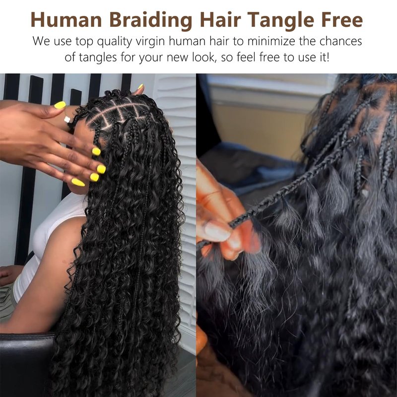 Human Braiding Hair for Boho Braids Deep Water Wave Hair Extensions Boho Hair for Braiding 12A 110g 2 Bundles/Pack Natural Color Pre-Stretched 16 Inch