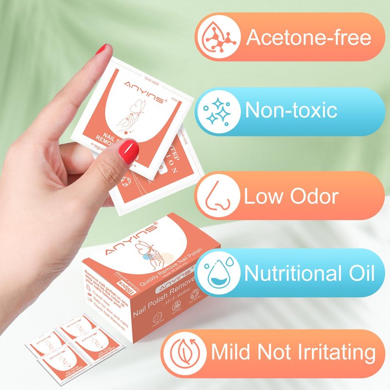ANYINS Nail Polish Remover Pads，100PCS Nail Polish Remover Wipes Non-Toxic Fast Remove with Nutrition Oil Individually Wrapped Professional Nail Salon and Home & Travel Use