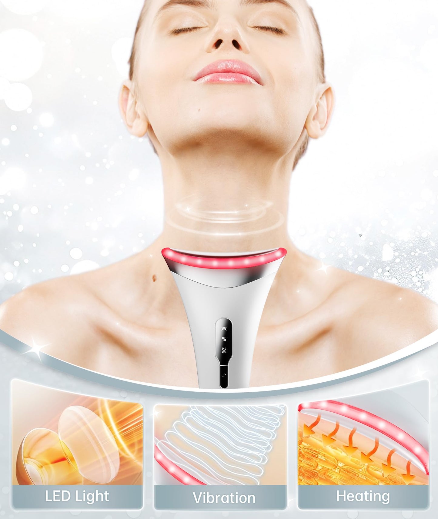 Dopsikn Red Light Therapy for Face and Neck, 7 Color Facial Massager with Adjustable Vibration and Thermals for Wrinkles, Double Chin, Portable Skin Care Tool with Base, White