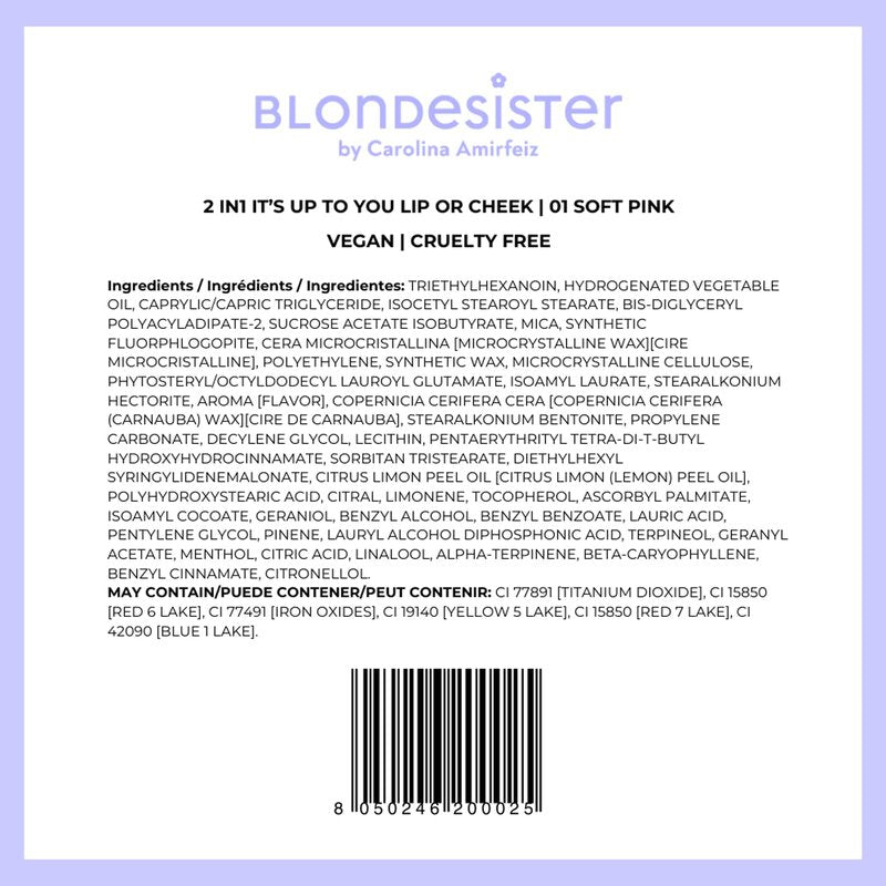 Blondesister 2 in 1 Its Up To You Lip and Cheek - Lipstick for Women and Blush for Cheeks - Multi-Use Creamy Texture - 01 Soft Pink - 0.12 oz.