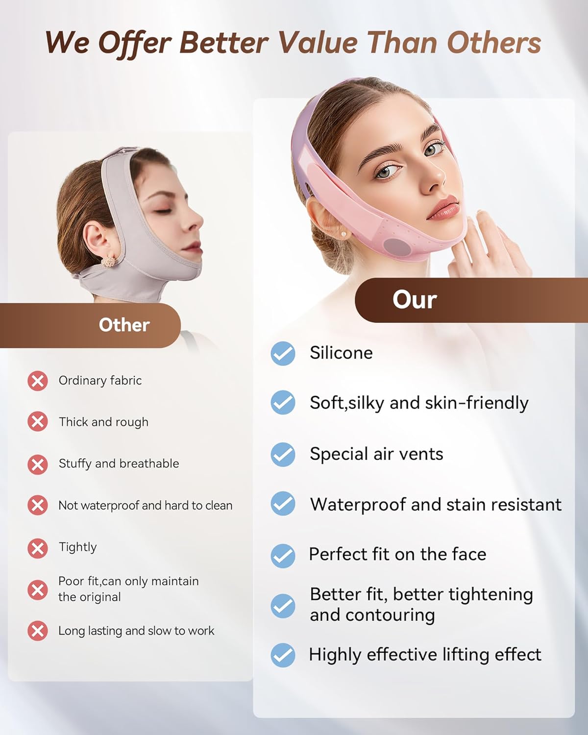 V-Line Sculpting Face Mask - Silicone Jawline Tightening Strap for Double Chin Reduction | Adjustable 23-27 Inches, Pink