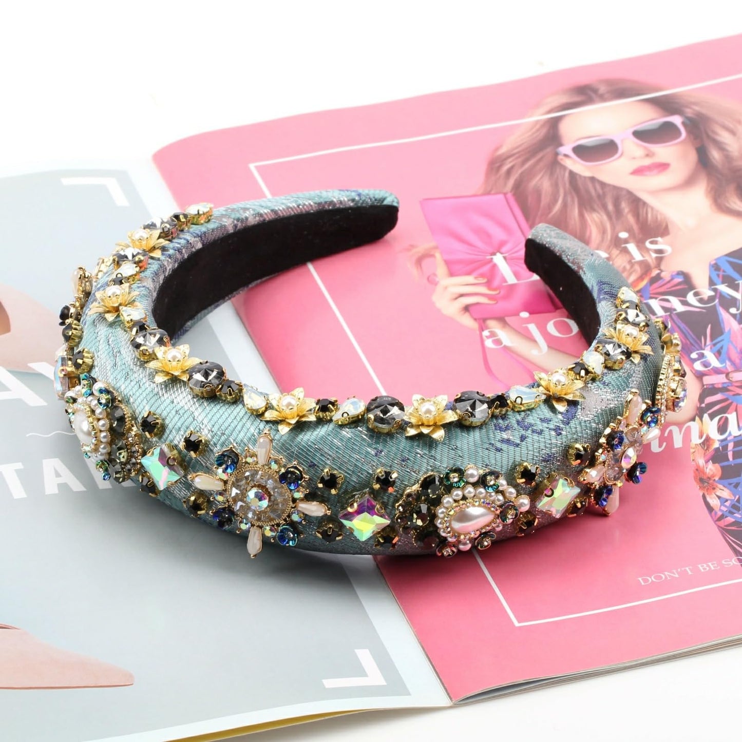 Florate Luxury Baroque Big Wide Crystal Headband for Women Pearl Rhinestone Bead Decorative Hairband Jeweled Head Hoop Party Accessories (HDDY1081-blue)