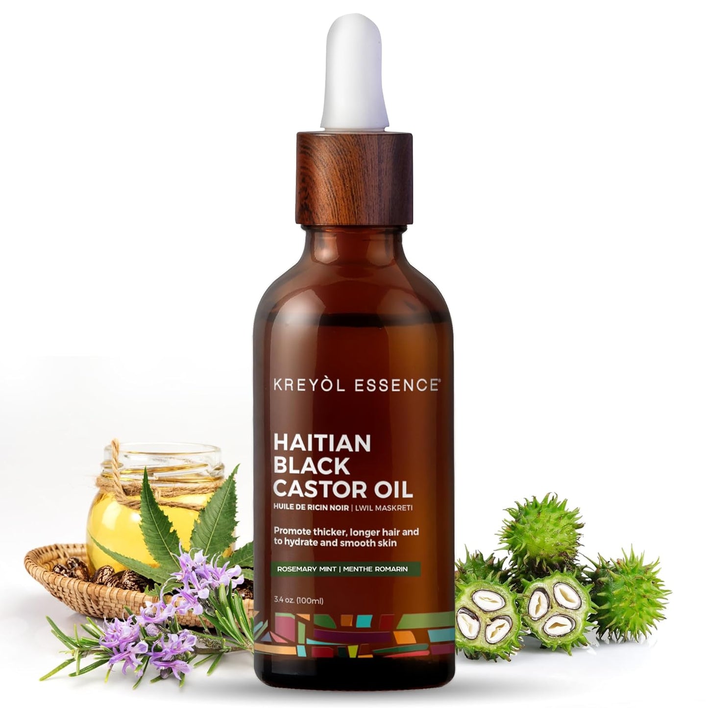 Haitian Black Castor Oil - Cold Pressed for Skin & Hair | Hexane Free, Natural Humectant | 3.4 Fl Oz - Rosemary Peppermint