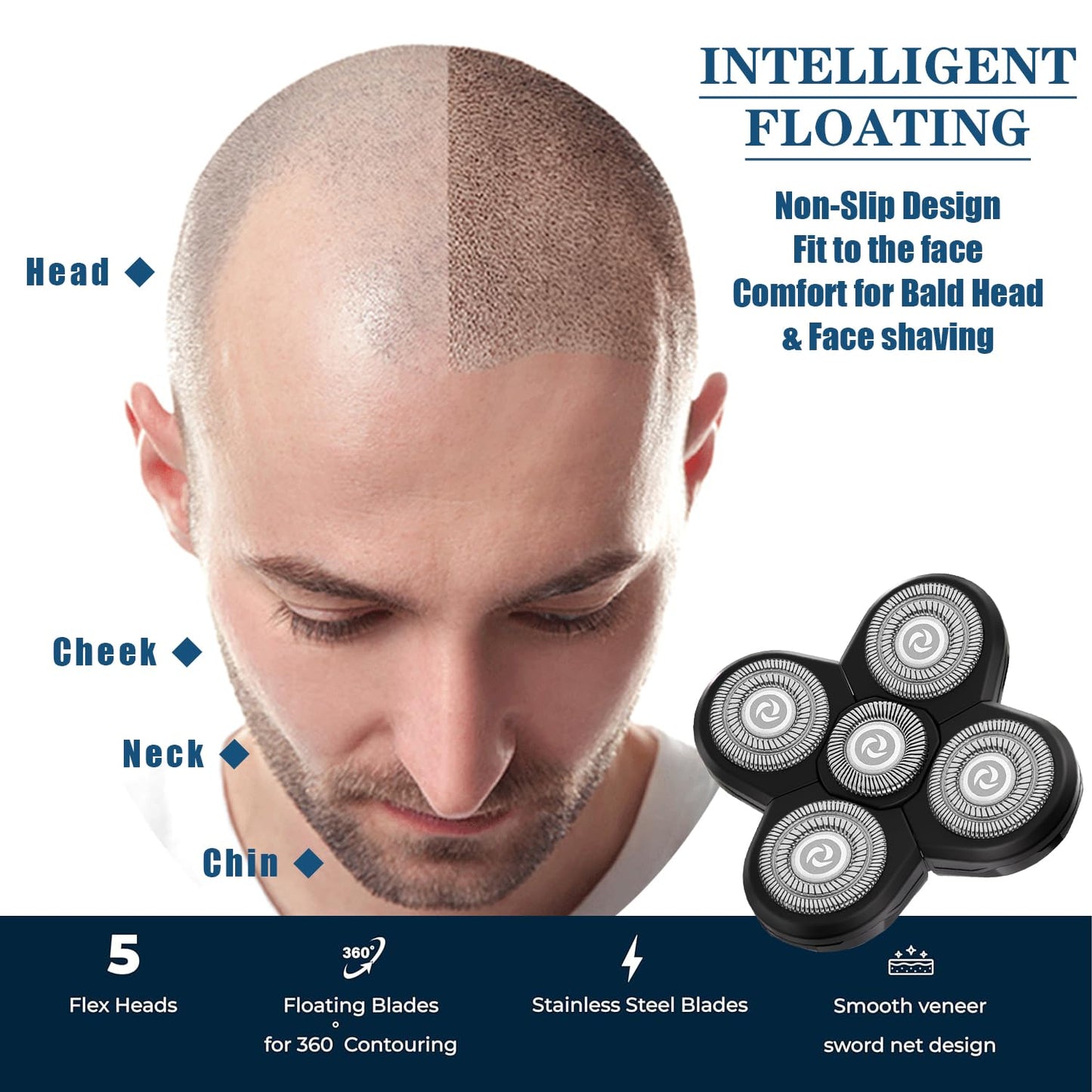 4PCS 5 Heads Shaver Replacement Blades for Bald Men Head Shaver, 5 Blades Shaver Replacement Heads for Fre*Bird Electric Head Hair Shaver (Black/4PCS