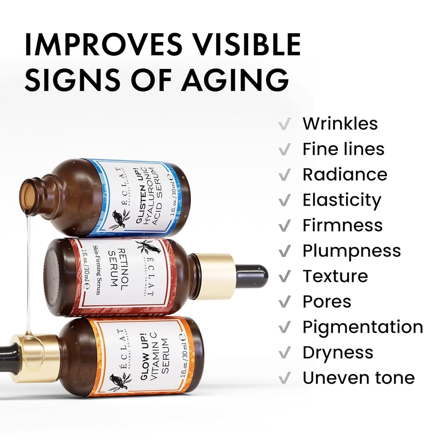 Eclat Skincare Face Serum Set | Vitamin C, Retinol & Hyaluronic Acid for Hydration & Anti-Aging | 3 Pack Brightening Facial Serums