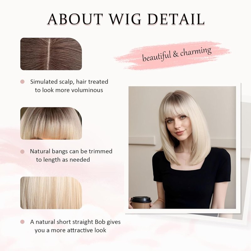 Blonde Bob Wig with Bangs - Ombre Synthetic Hair | 14-Inch Layered Short Straight Wig for Cosplay & Daily Wear