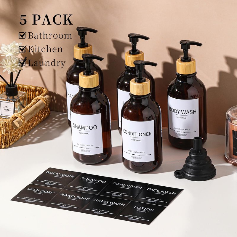 Shampoo and Conditioner Dispenser, 5Pack Refillable Dispenser Bottles,16.9oz Pump Bottles, Amber Shampoo Containers for Shower