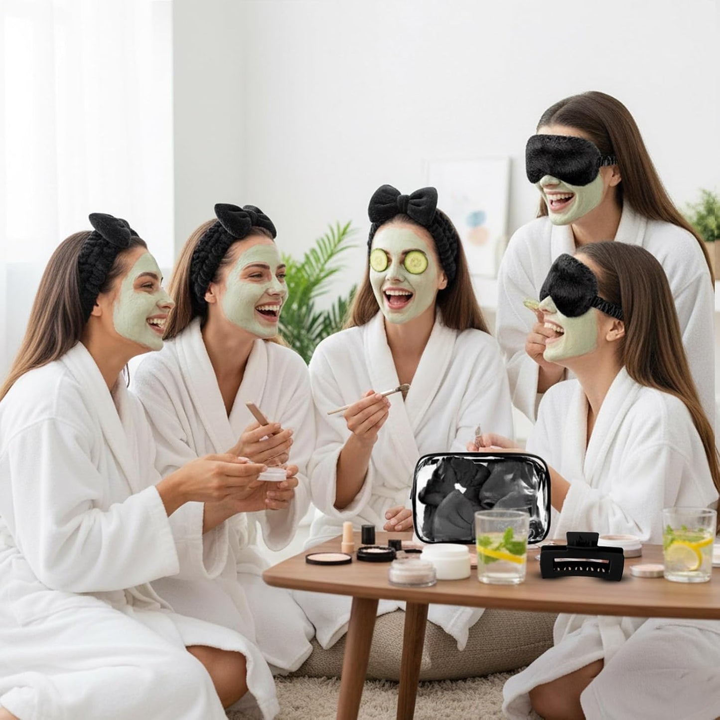 Spa Party Favors Set - 24 Pcs with Headbands, Plush Eye Masks & Hair Claw Clips | Black Cosmetic Bags for Sleepovers