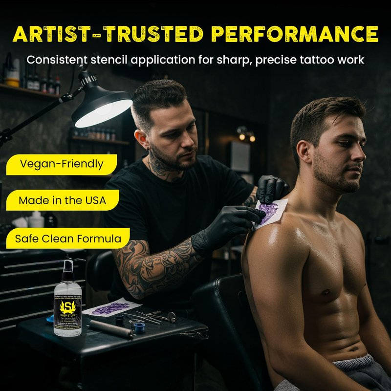 Stencil Stuff Prep Stuff Tattoo Prep Spray, 8oz Pre-Tattoo Skin Cleanser & Stencil Remover, Vegan-Friendly Tattoo Skin Prep Solution for Professional Artists, Removes Oil and Residue